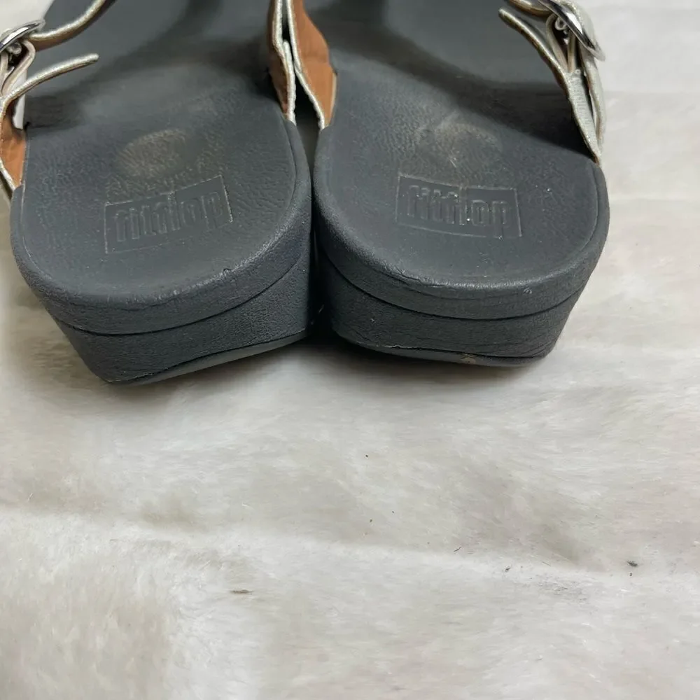 Fitflop white iridescent thong wedge sandals with side adjustable buckle size 9